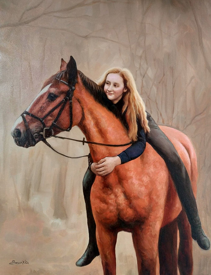Photo to painting of girl on her horse